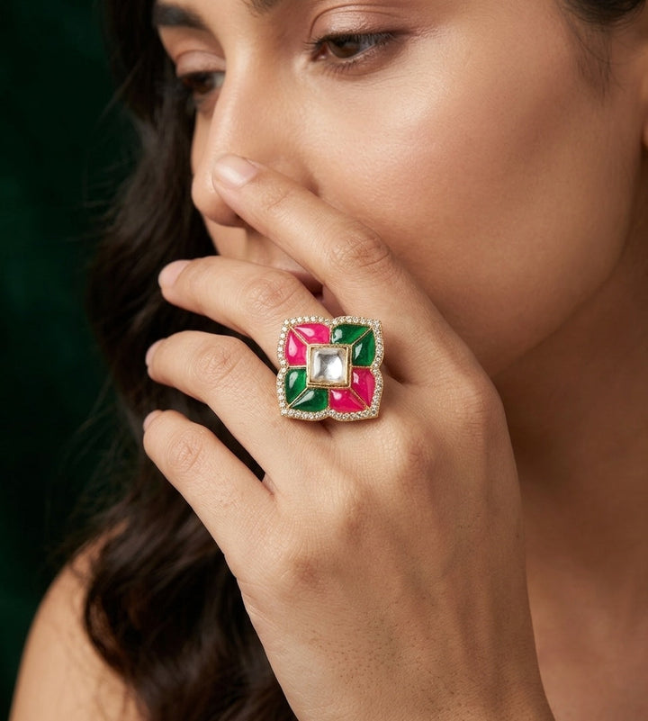 Gold Plated Multicolor Beaded &amp; Kundan Ring