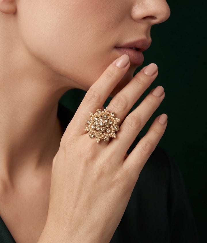 Gold Plated Fancy Diamond &amp; Beaded Ring