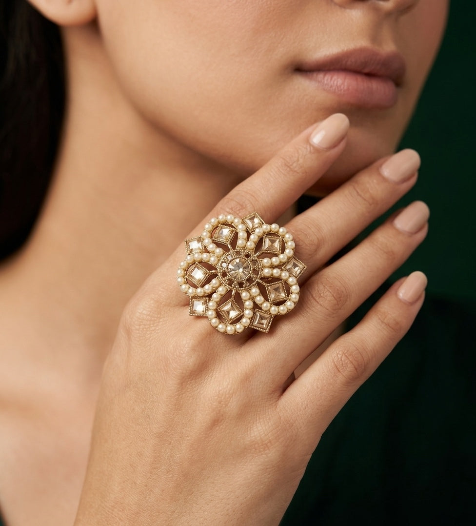 Gold Plated Fancy Diamond &amp; Beaded Ring