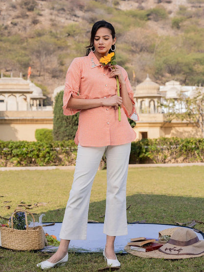 Orange Cotton Checks Printed Embroidery Top