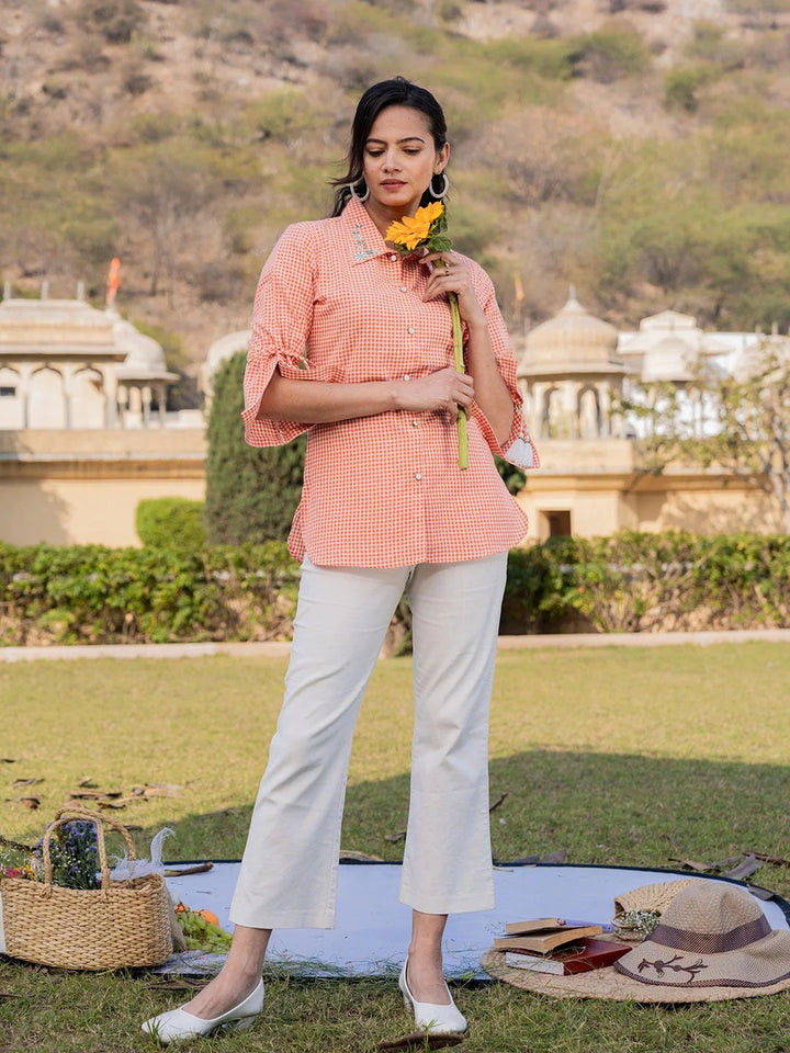 Orange Cotton Checks Printed Embroidery Top