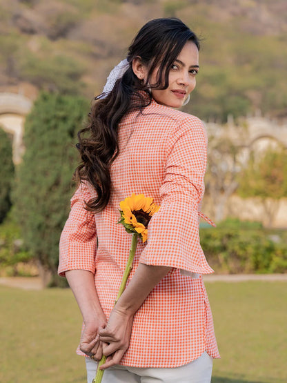 Orange Cotton Checks Printed Embroidery Top