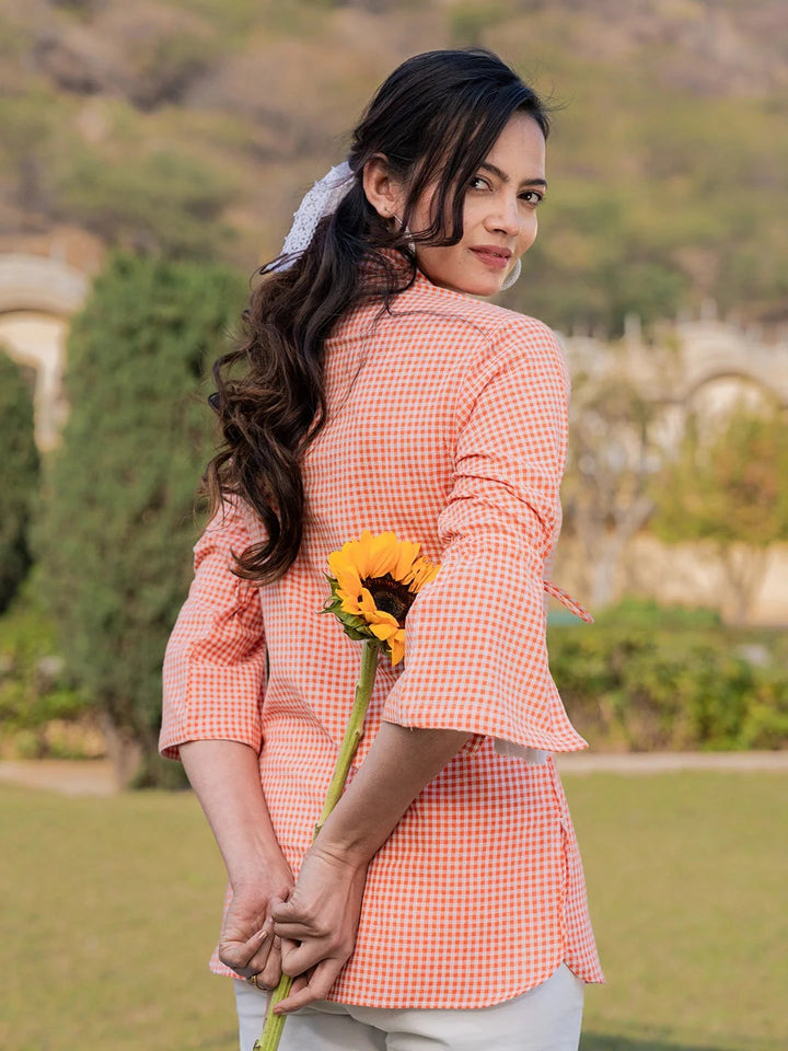 Orange Cotton Checks Printed Embroidery Top
