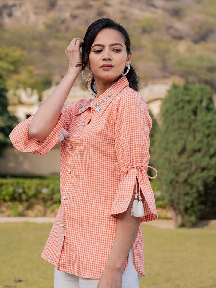 Orange Cotton Checks Printed Embroidery Top