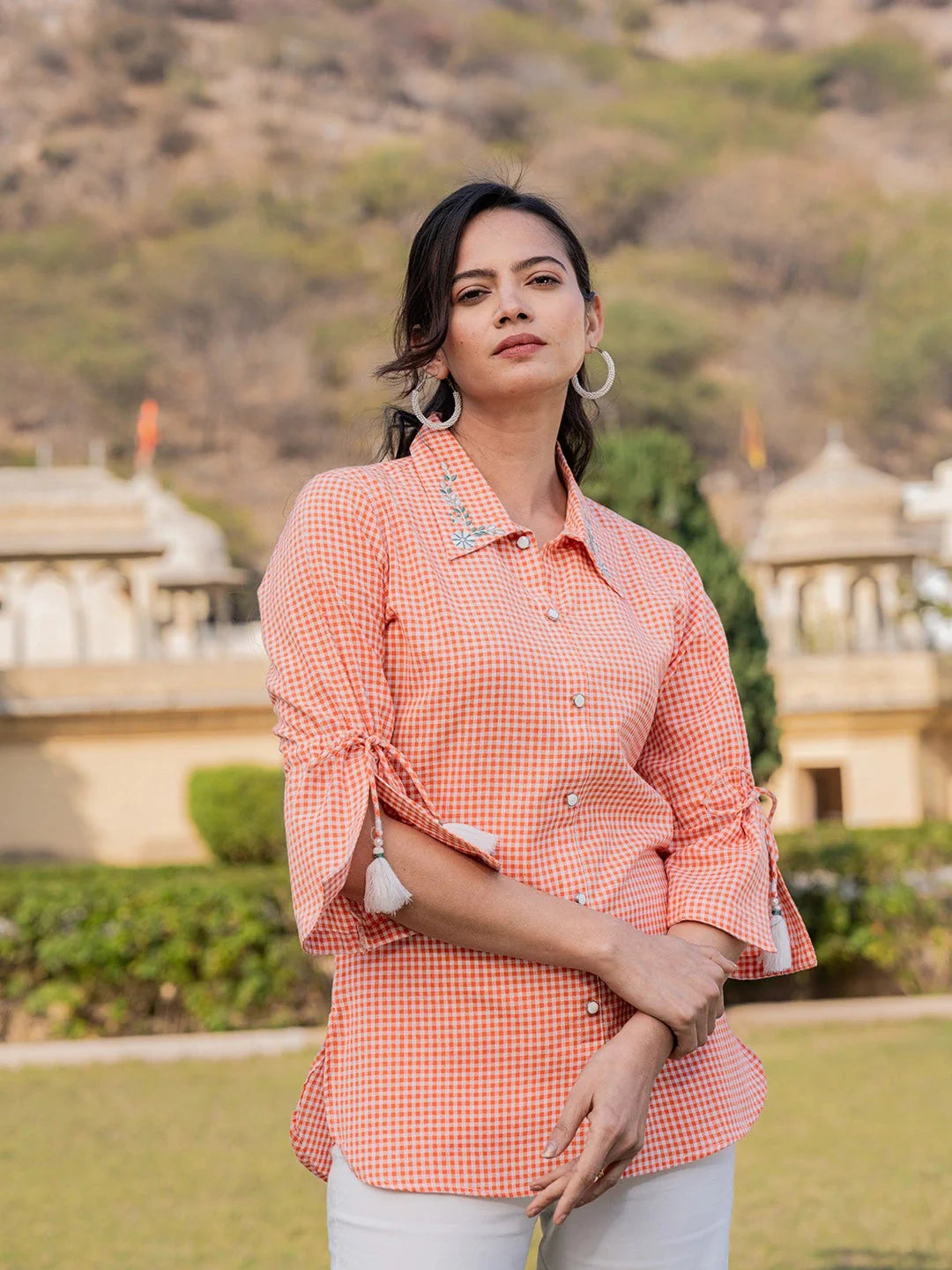 Orange Cotton Checks Printed Embroidery Top