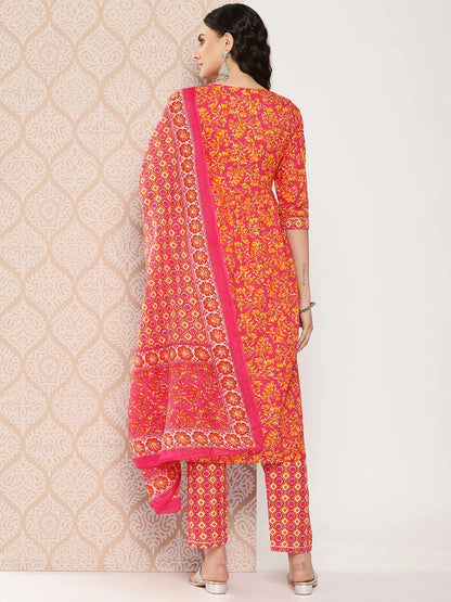 Orange Floral Printed Regular Sequinned Pure Cotton Kurta With Trousers & Dupatta Set