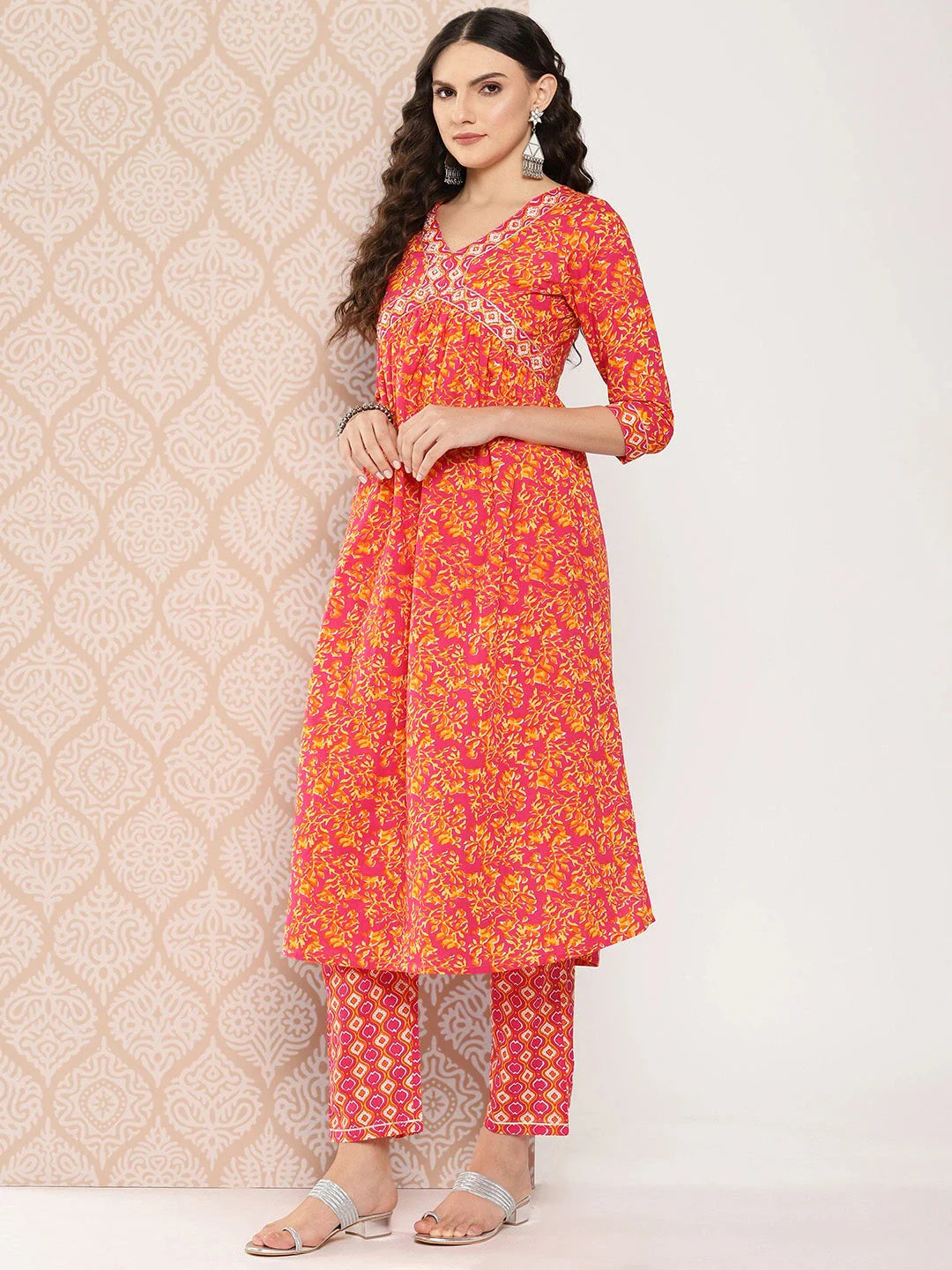 Orange Floral Printed Regular Sequinned Pure Cotton Kurta With Trousers & Dupatta Set