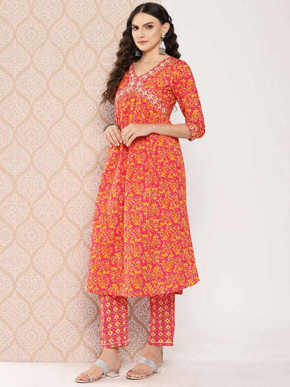 Orange Floral Printed Regular Sequinned Pure Cotton Kurta With Trousers & Dupatta Set