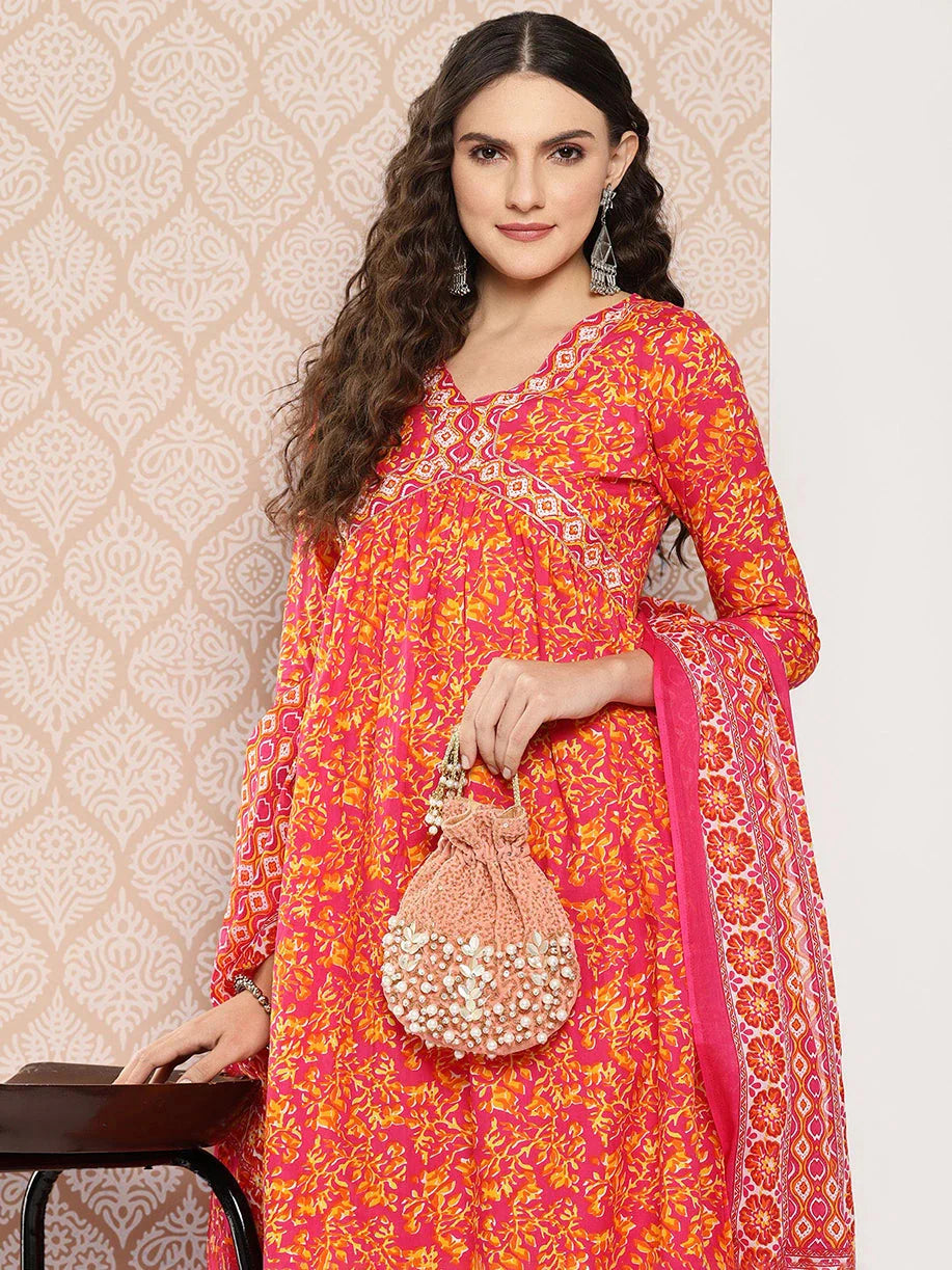 Orange Floral Printed Regular Sequinned Pure Cotton Kurta With Trousers & Dupatta Set