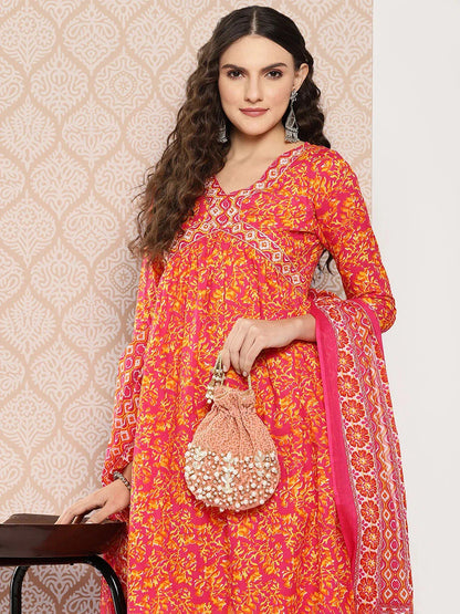 Orange Floral Printed Regular Sequinned Pure Cotton Kurta With Trousers & Dupatta Set