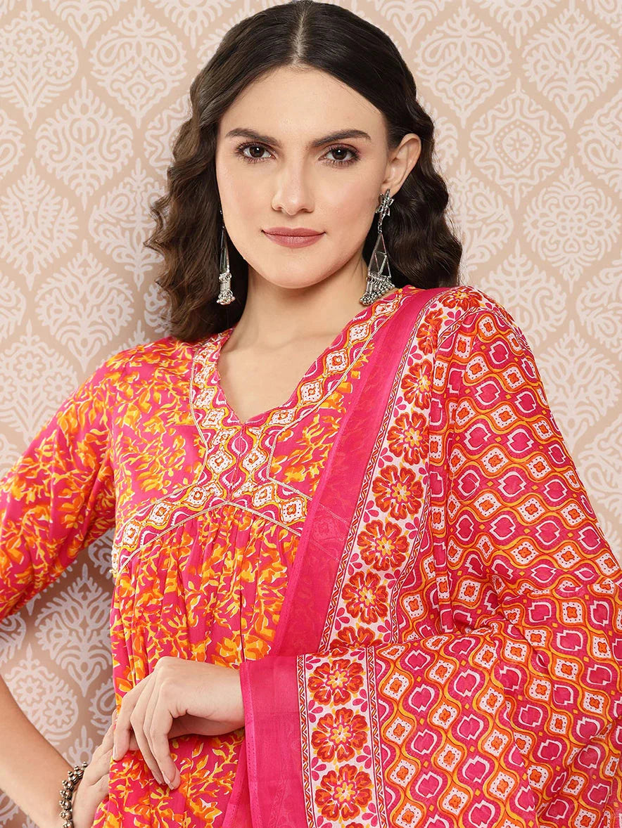 Orange Floral Printed Regular Sequinned Pure Cotton Kurta With Trousers & Dupatta Set