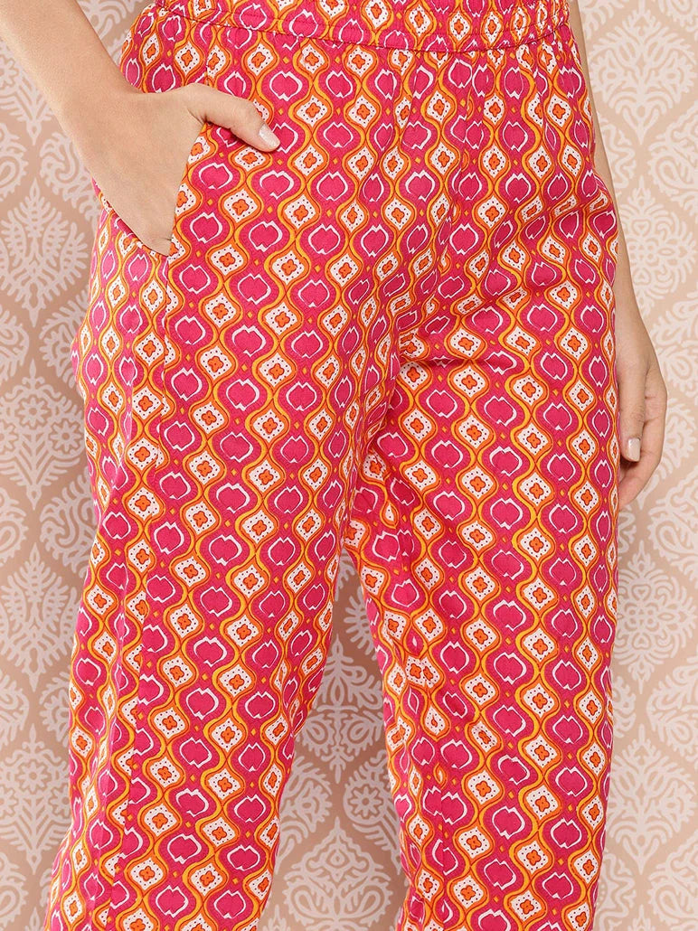 Orange Floral Printed Regular Sequinned Pure Cotton Kurta With Trousers &amp; Dupatta Set