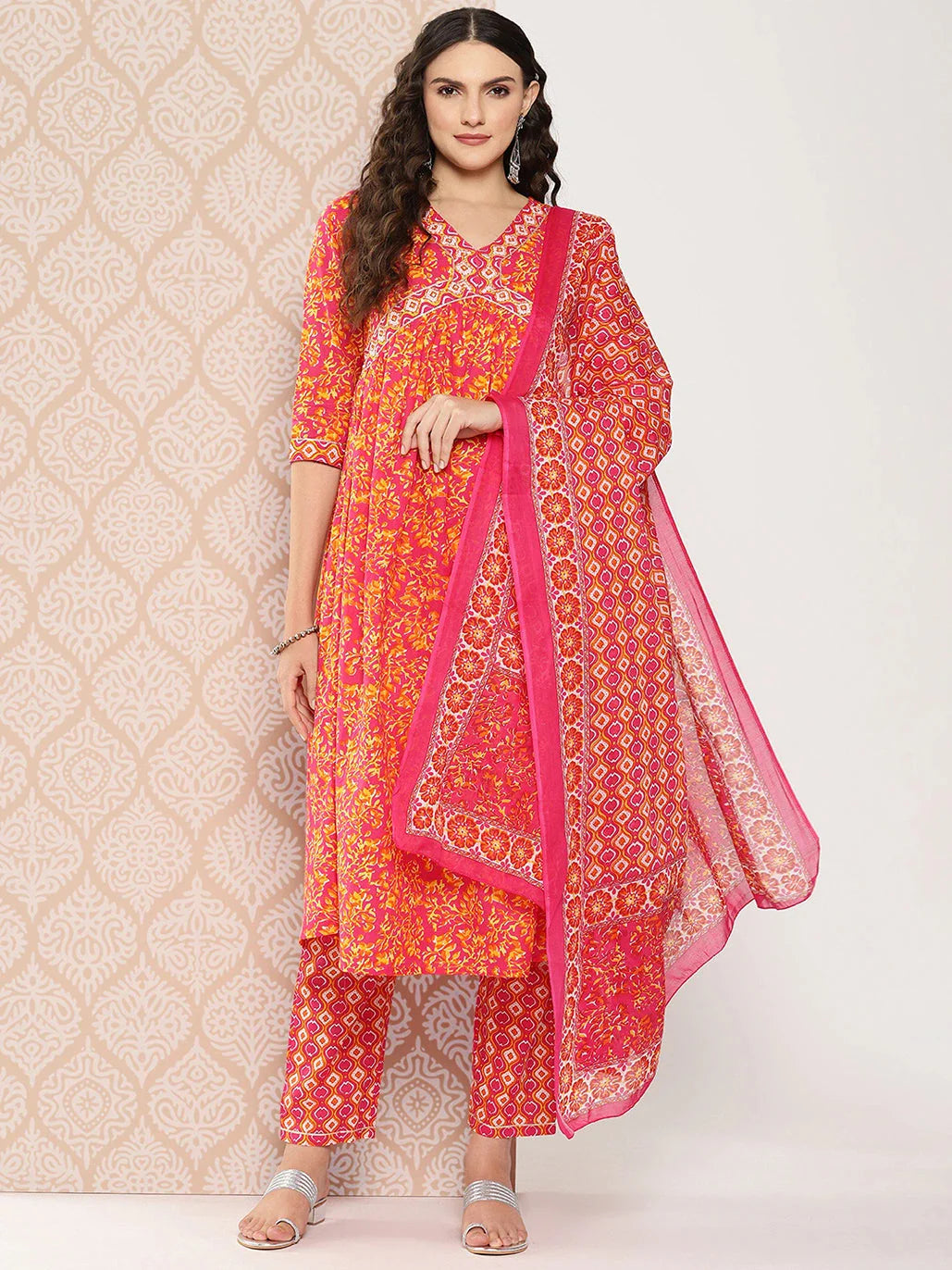Orange Floral Printed Regular Sequinned Pure Cotton Kurta With Trousers & Dupatta Set