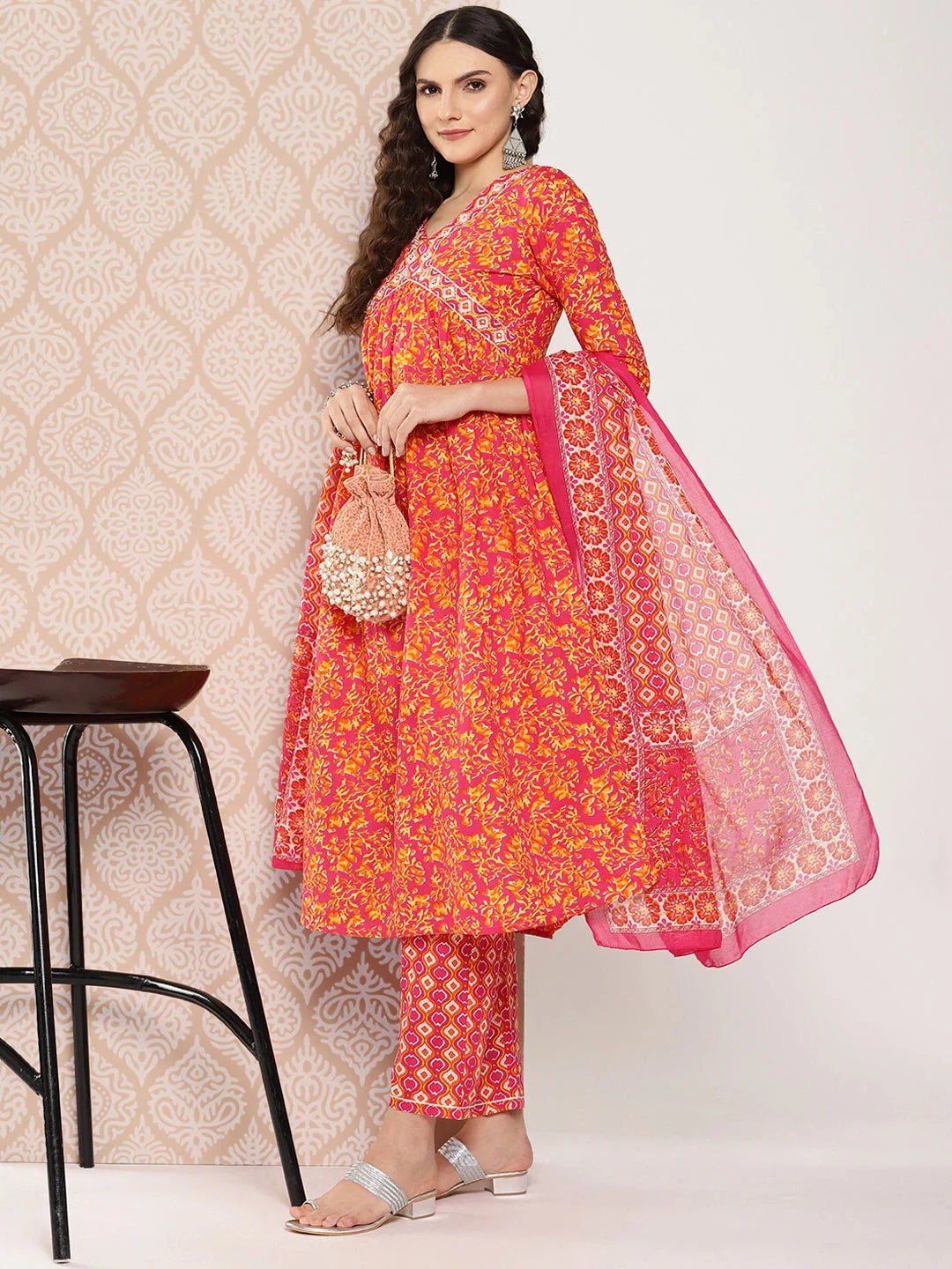 Orange Floral Printed Regular Sequinned Pure Cotton Kurta With Trousers & Dupatta Set