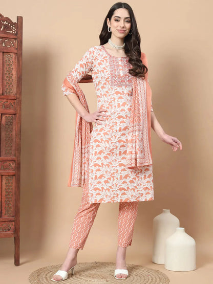 Orange Floral Sequins Work Straight Kurta Trouser And Dupatta Set