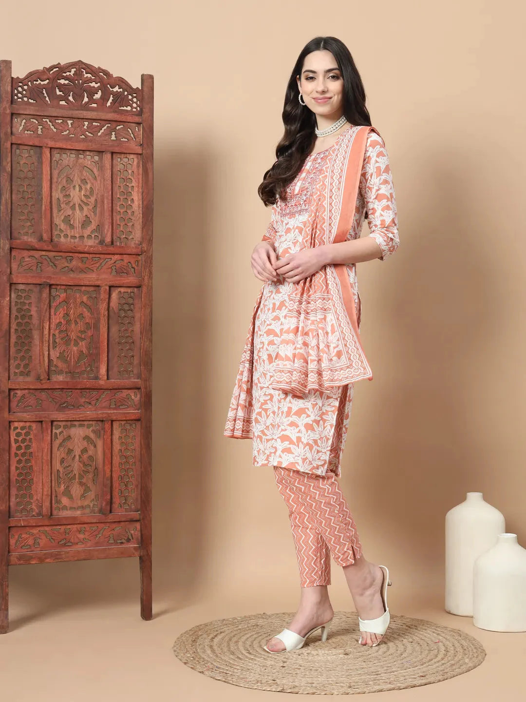Orange Floral Sequins Work Straight Kurta Trouser And Dupatta Set