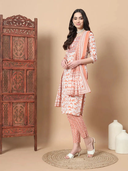 Orange Floral Sequins Work Straight Kurta Trouser And Dupatta Set