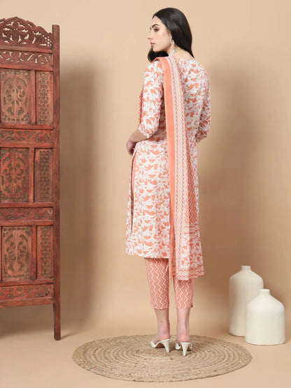 Orange Floral Sequins Work Straight Kurta Trouser And Dupatta Set