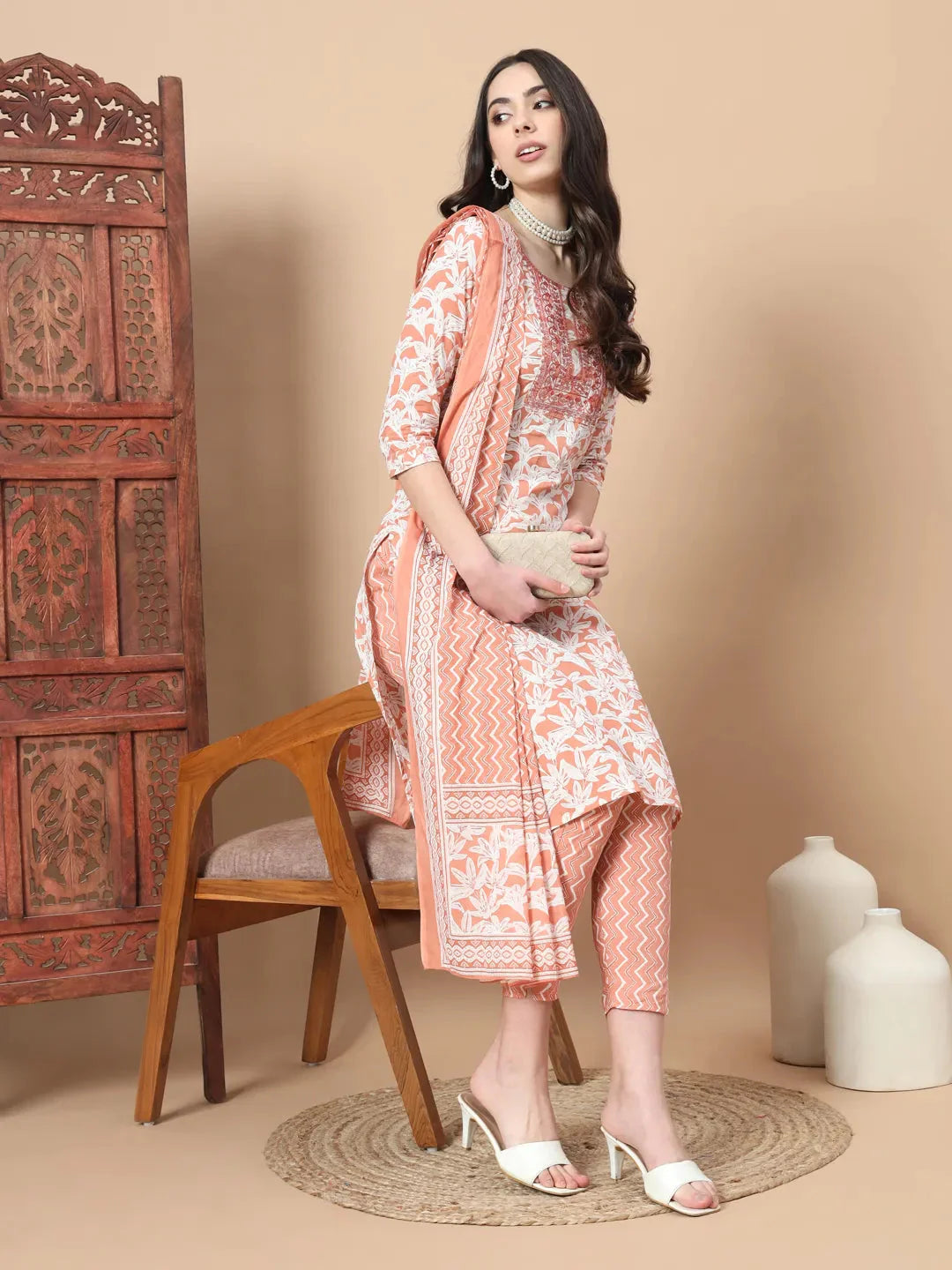 Orange Floral Sequins Work Straight Kurta Trouser And Dupatta Set