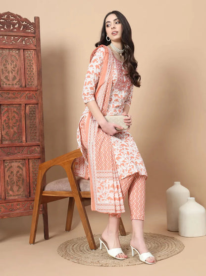 Orange Floral Sequins Work Straight Kurta Trouser And Dupatta Set