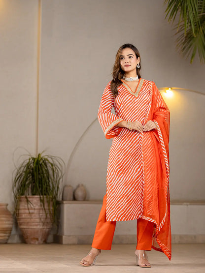 Orange Leheriya Print Cotton Straight Suit Set
