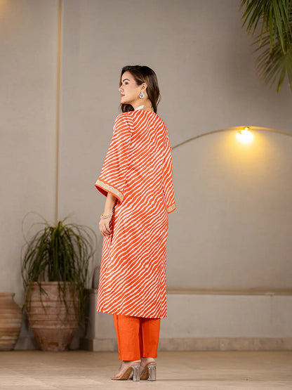 Orange Leheriya Print Cotton Straight Suit Set