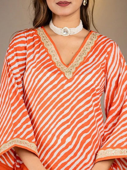 Orange Leheriya Print Cotton Straight Suit Set