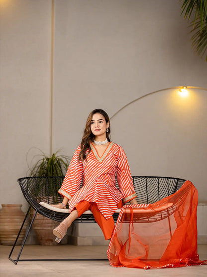 Orange Leheriya Print Cotton Straight Suit Set