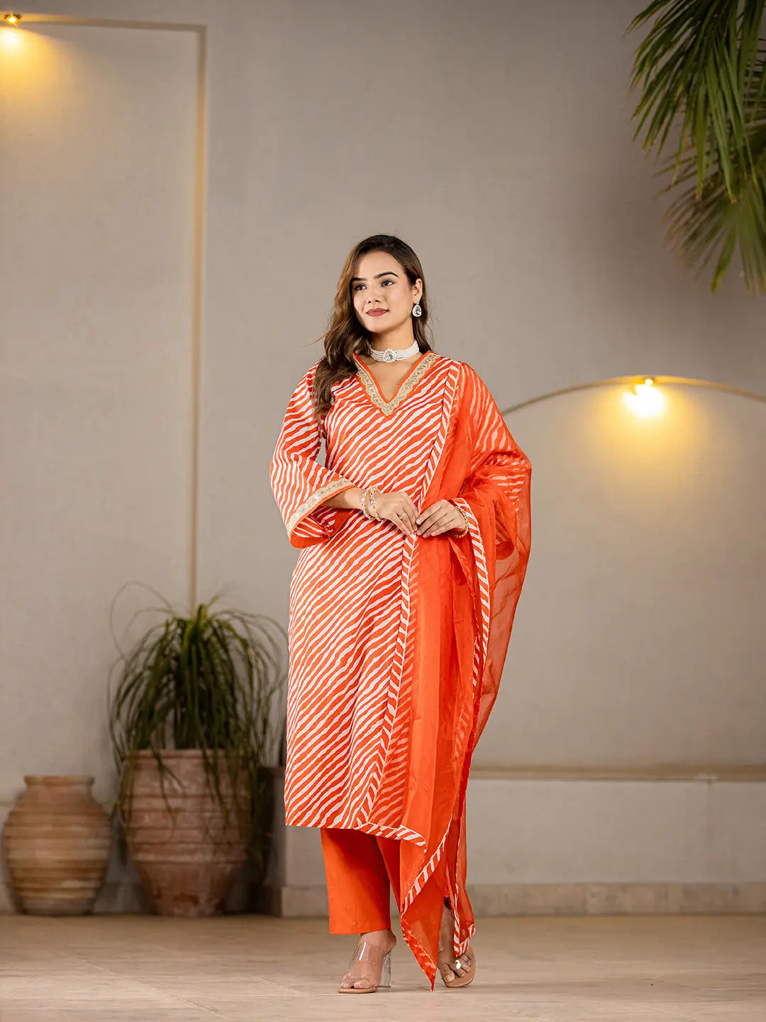 Orange Leheriya Print Cotton Straight Suit Set
