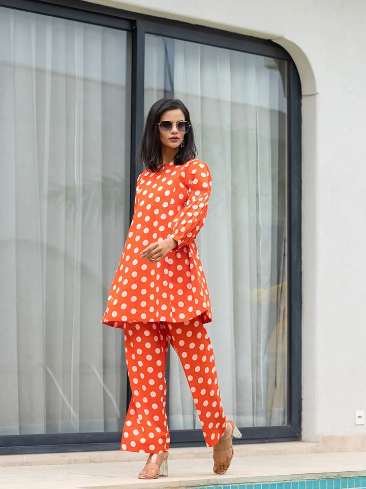 Orange Polka Dot Print Top And Trouser Co Ord Set