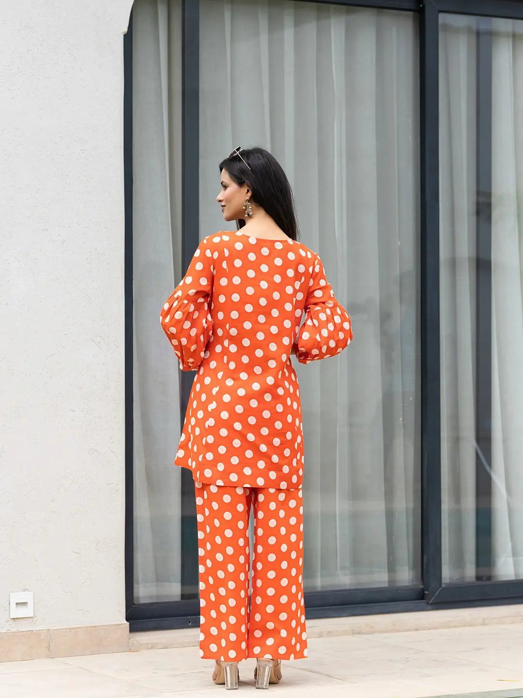 Orange Polka Dot Print Top And Trouser Co Ord Set