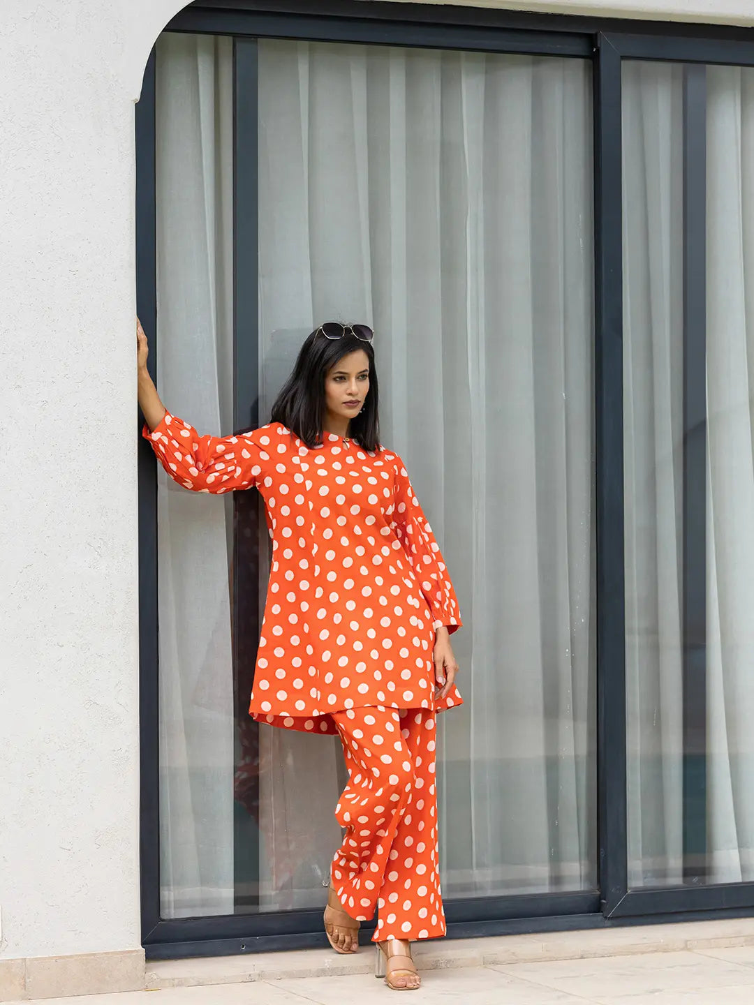 Orange Polka Dot Print Top And Trouser Co Ord Set