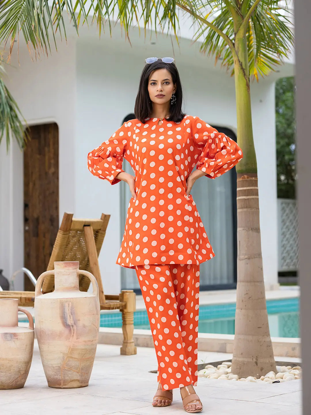 Orange Polka Dot Print Top And Trouser Co Ord Set