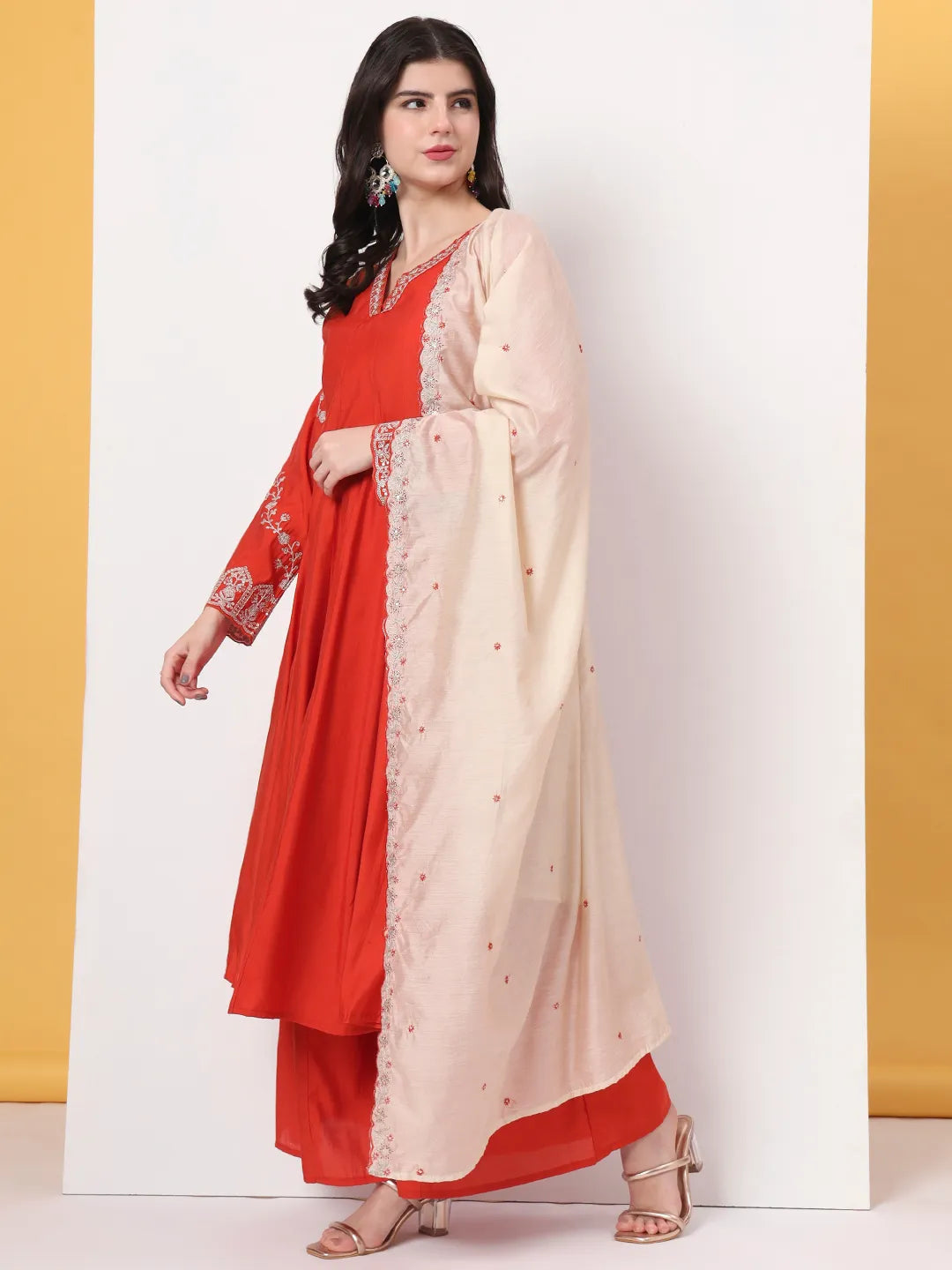 Orange Roman Silk Anarkali Kurta Dupatta Plazo Set