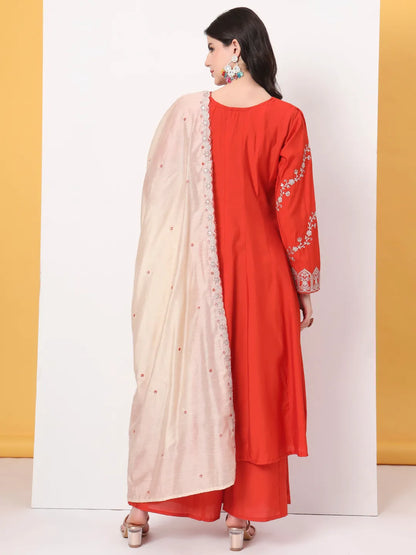 Orange Roman Silk Anarkali Kurta Dupatta Plazo Set