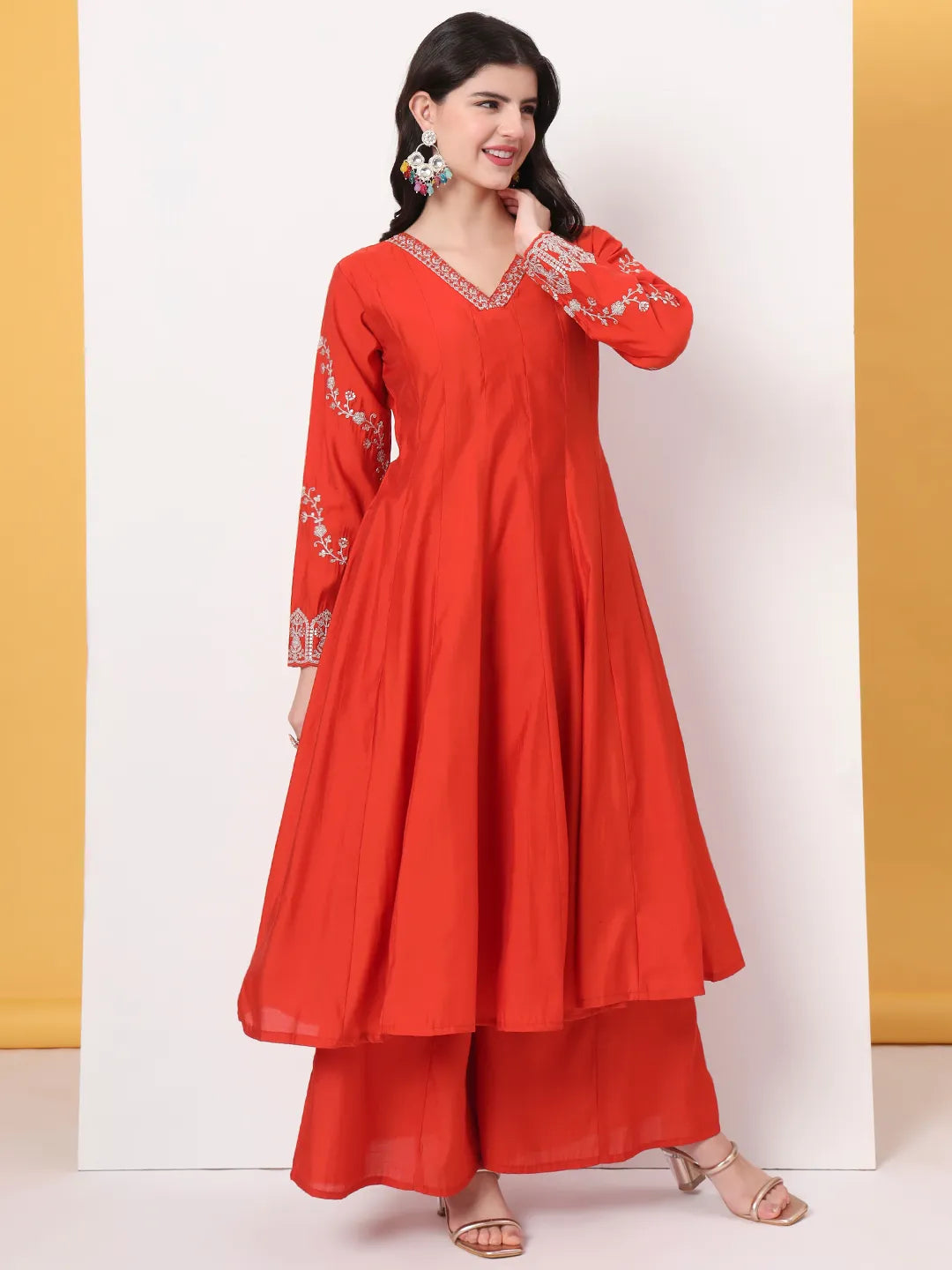 Orange Roman Silk Anarkali Kurta Dupatta Plazo Set