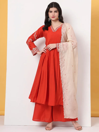 Orange Roman Silk Anarkali Kurta Dupatta Plazo Set