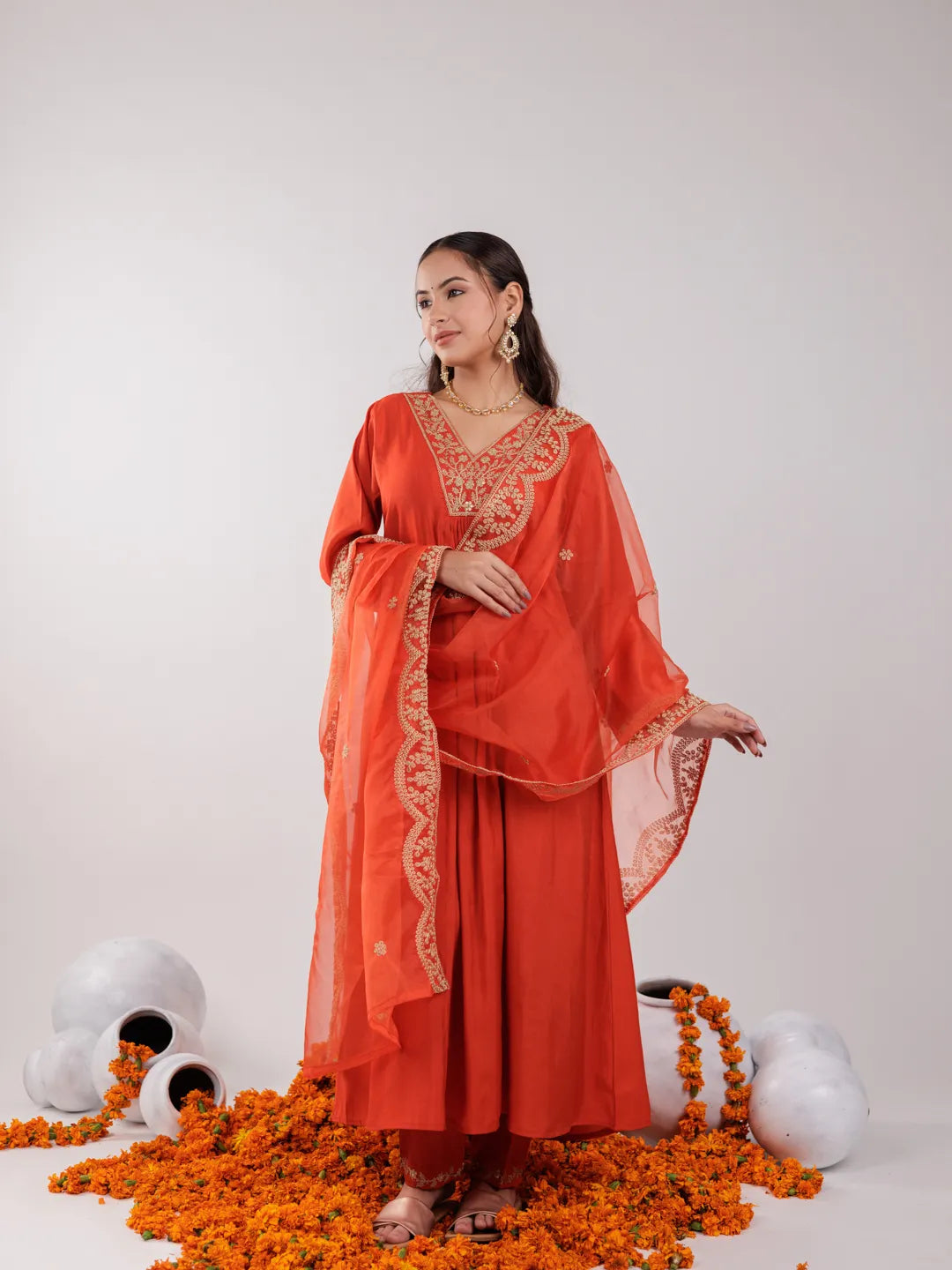 Orange Silk Embroidered Kurta Dupatta Set