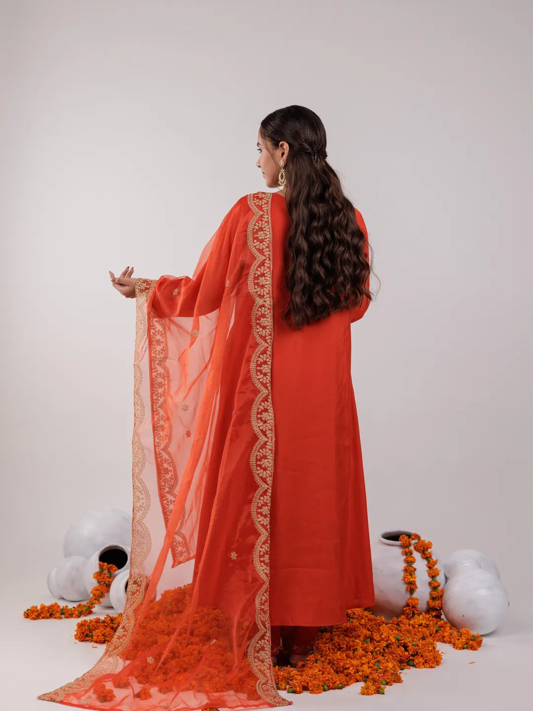 Orange Silk Embroidered Kurta Dupatta Set