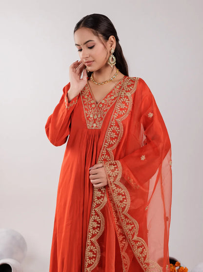 Orange Silk Embroidered Kurta Dupatta Set