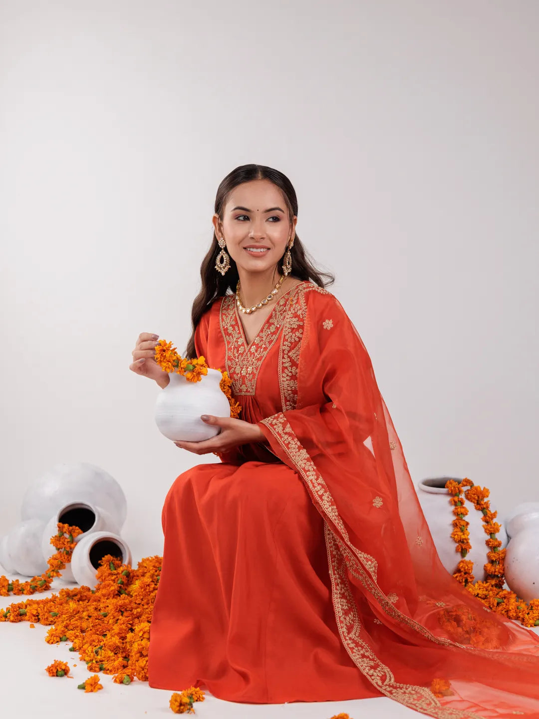 Orange Silk Embroidered Kurta Dupatta Set