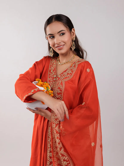 Orange Silk Embroidered Kurta Dupatta Set