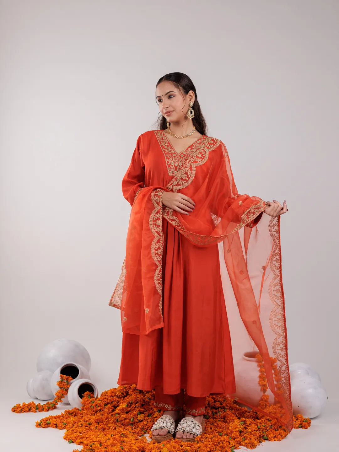 Orange Silk Embroidered Kurta Dupatta Set