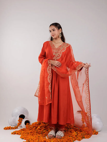 Orange Silk Embroidered Kurta Dupatta Set