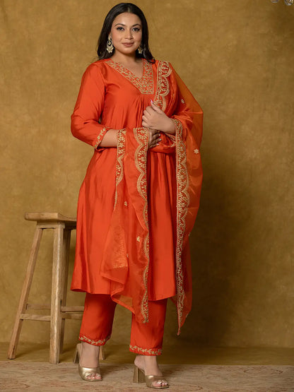 Orange Silk Embroidered Plus Size Kurta Dupatta Set