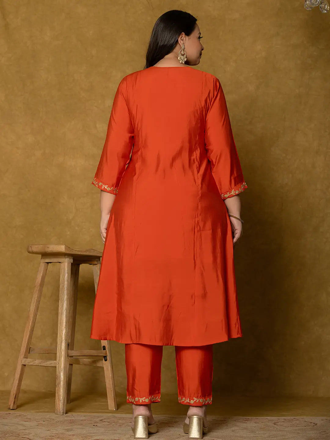 Orange Silk Embroidered Plus Size Kurta Dupatta Set