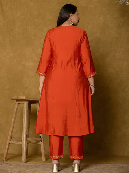 Orange Silk Embroidered Plus Size Kurta Dupatta Set