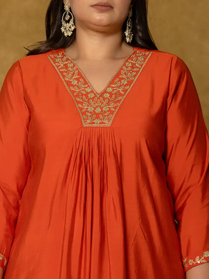 Orange Silk Embroidered Plus Size Kurta Dupatta Set