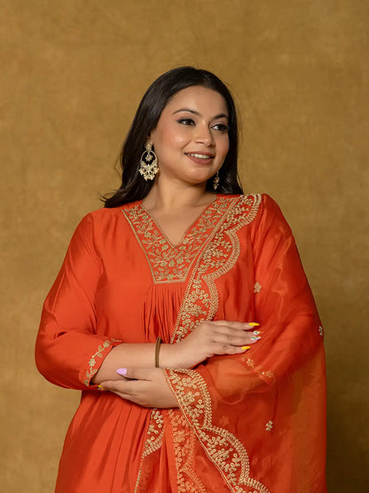 Orange Silk Embroidered Plus Size Kurta Dupatta Set