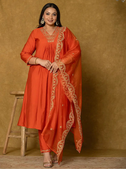 Orange Silk Embroidered Plus Size Kurta Dupatta Set